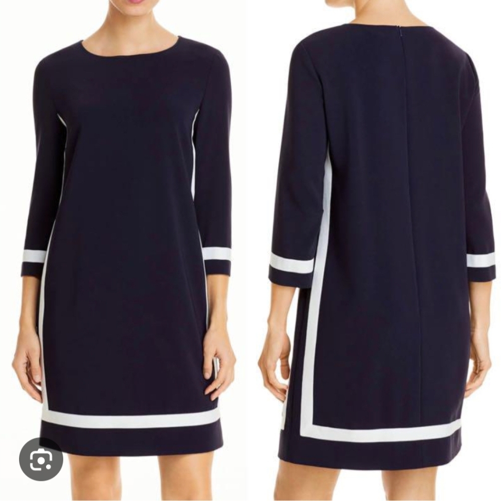MaxMara Navy and White Trim Long-Sleeve Shift Dress